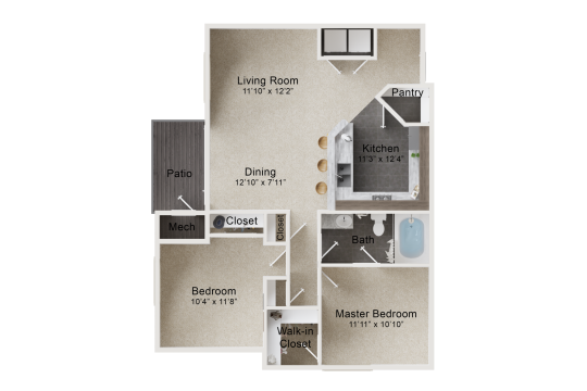floor plan image of the two bedroom apartment at The Outlook Ridge Apartments