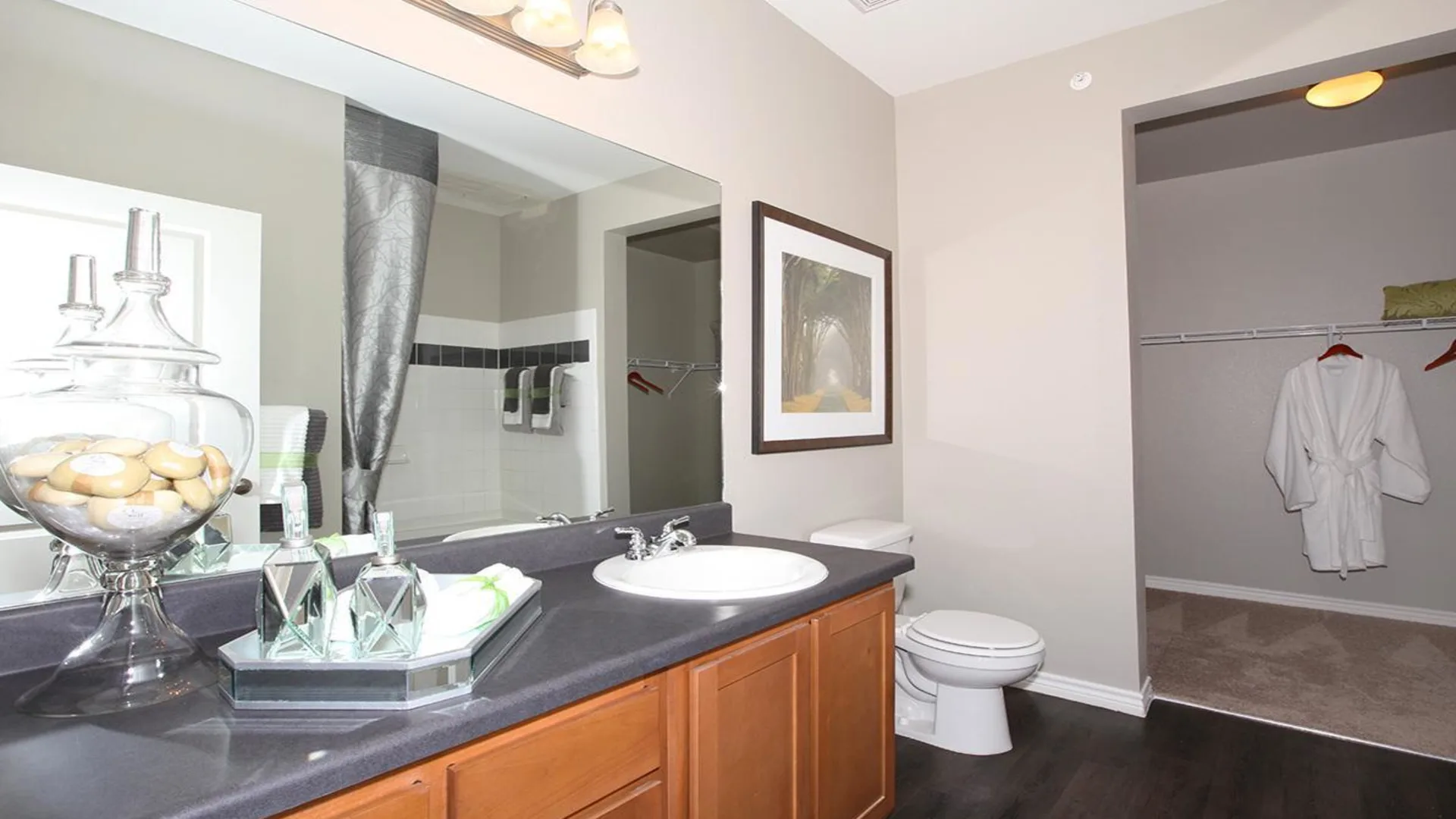 a bathroom with a large mirror and a sink at The Outlook Ridge Apartments