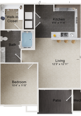 floor plan image of the one bedroom apartment at The Outlook Ridge Apartments