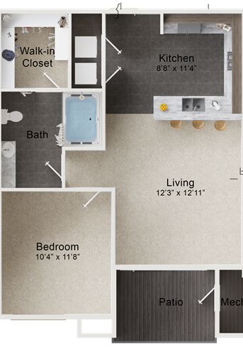 floor plan image of the one bedroom apartment at The Outlook Ridge Apartments