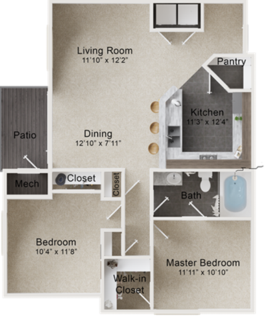 floor plan image of the two bedroom, two bath, and den floor plan at The Outlook Ridge Apartments