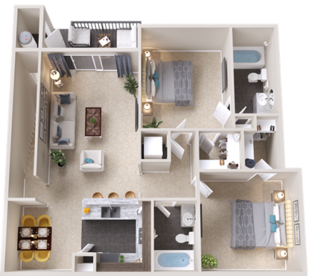 a 3d rendering of a two bedroom apartment at The Outlook Ridge Apartments
