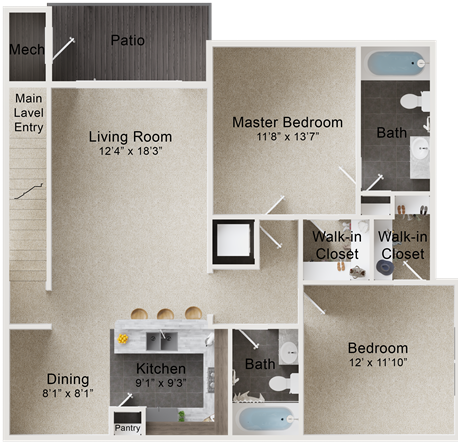 floor plan image of the two bedroom, two bathroom floor plan at The Outlook Ridge Apartments