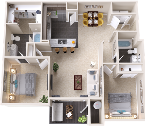 a 3d floor plan of a two bedroom apartment at The Outlook Ridge Apartments