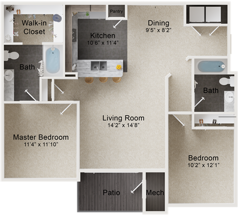floor plan image of the two bedroom, two bath, and den floor plan at The Outlook Ridge Apartments