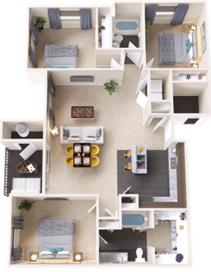 a 3d floor plan of a two bedroom apartment at The Outlook Ridge Apartments