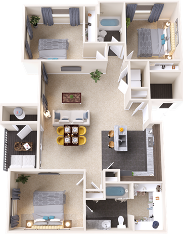 a 3d floor plan of a two bedroom apartment at The Outlook Ridge Apartments