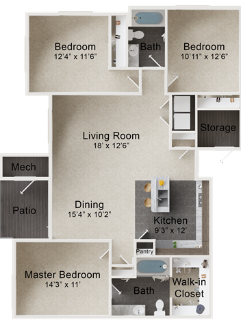 floor plan image of the two bedroom, two bathroom floor plan at The Outlook Ridge Apartments